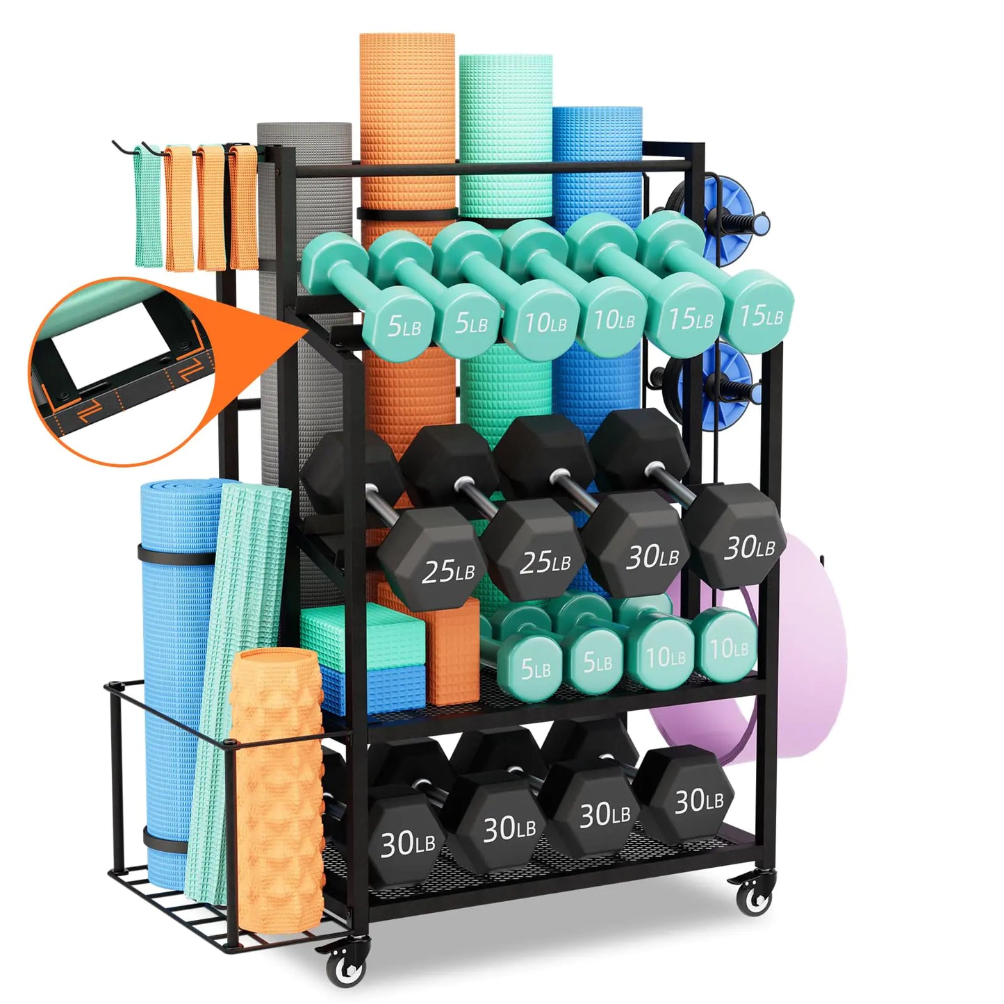 Bonvork 600LBS Dumbbell Rack Weight Stand Heavy Duty Adjustable Weight Rack for Dumbbells Home Gym Storage for Yoga Mat Foam Roller Kettlebells Workout Equipment Storage Organizer with Wheels