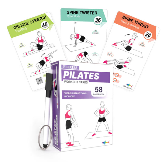 Flexies Pilates Workout Cards - 58 Exercise Cards with Pilates Mat Workout Postures Video Instructions & Breathing Tips | Free Ring & Dry-Erase Marker to Create at home pilates womens workout planner