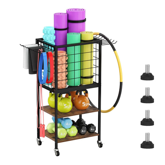 Weight Rack for Dumbbells Yoga Mat Storage Rack Home Gym Workout Equipment Storage Organizer 3-Tier Wooden Dumbbell Rack Weight Stand with Hooks Yoga Mat Holder with Wheels for Yoga Block
