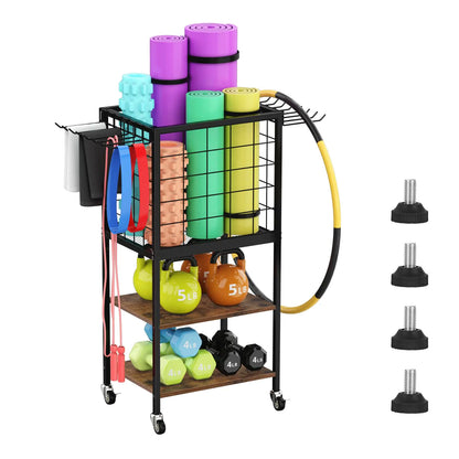 Weight Rack for Dumbbells Yoga Mat Storage Rack Home Gym Workout Equipment Storage Organizer 3-Tier Wooden Dumbbell Rack Weight Stand with Hooks Yoga Mat Holder with Wheels for Yoga Block