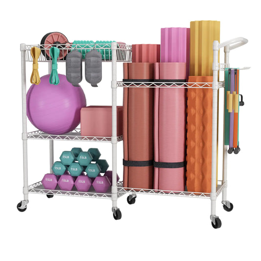SINGAYE Dumbbell Weight Rack Yoga Mat Storage Gym Sports Equipment Cart for Organizer Workout Room Home Gym Storage Shelf Stand only with Hooks and Wheels